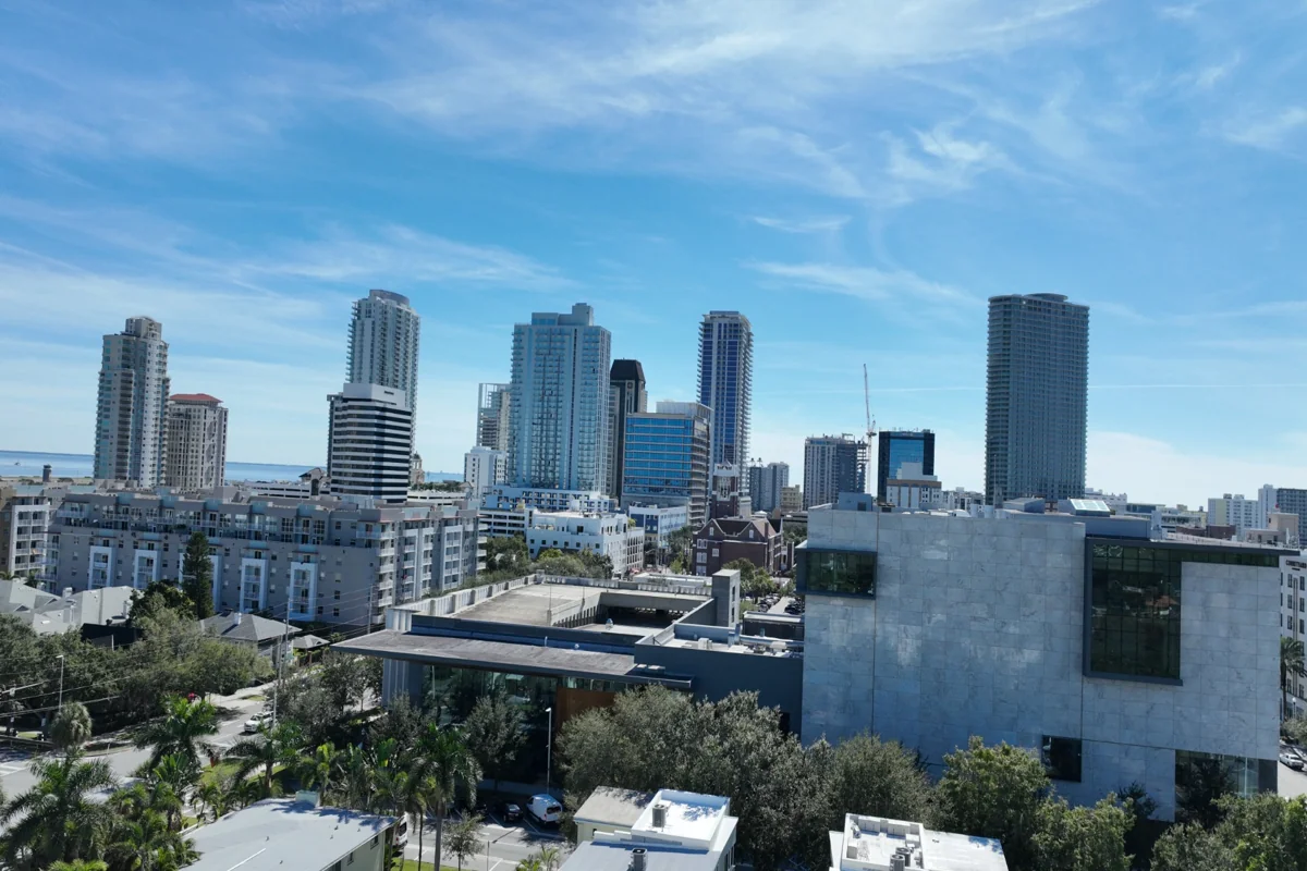 downtown-st-petersburg-florida-condos-drone Drone view of downtown St Petersburg Florida showing waterfront condos and skyline along Tampa Bay