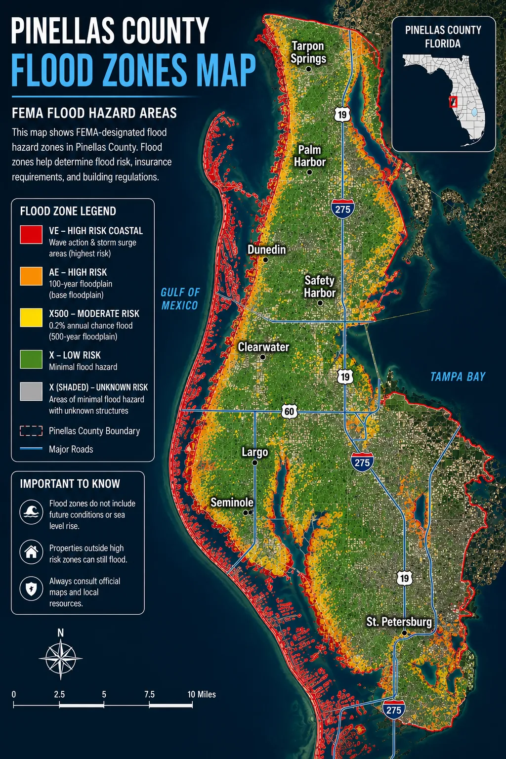 Pinellas County Flood Zones Map Pinellas County flood zones map showing FEMA Zone X, X500, AE, and VE flood risk areas across Clearwater, Dunedin, Palm Harbor, Largo, Seminole, Safety Harbor, Tarpon Springs, and St. Petersburg.
