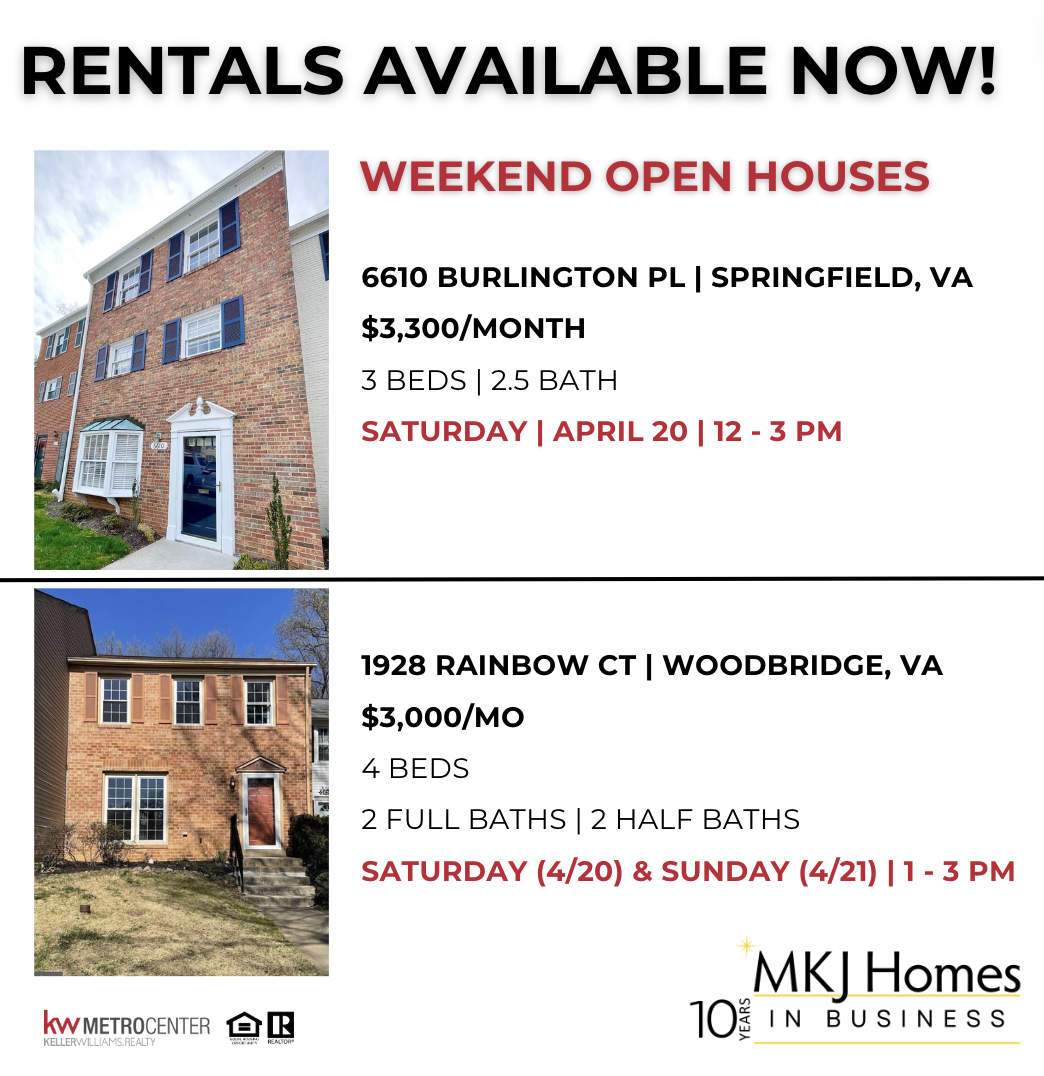 Weekend Open Houses! Town Houses for Rent in Northern VA!