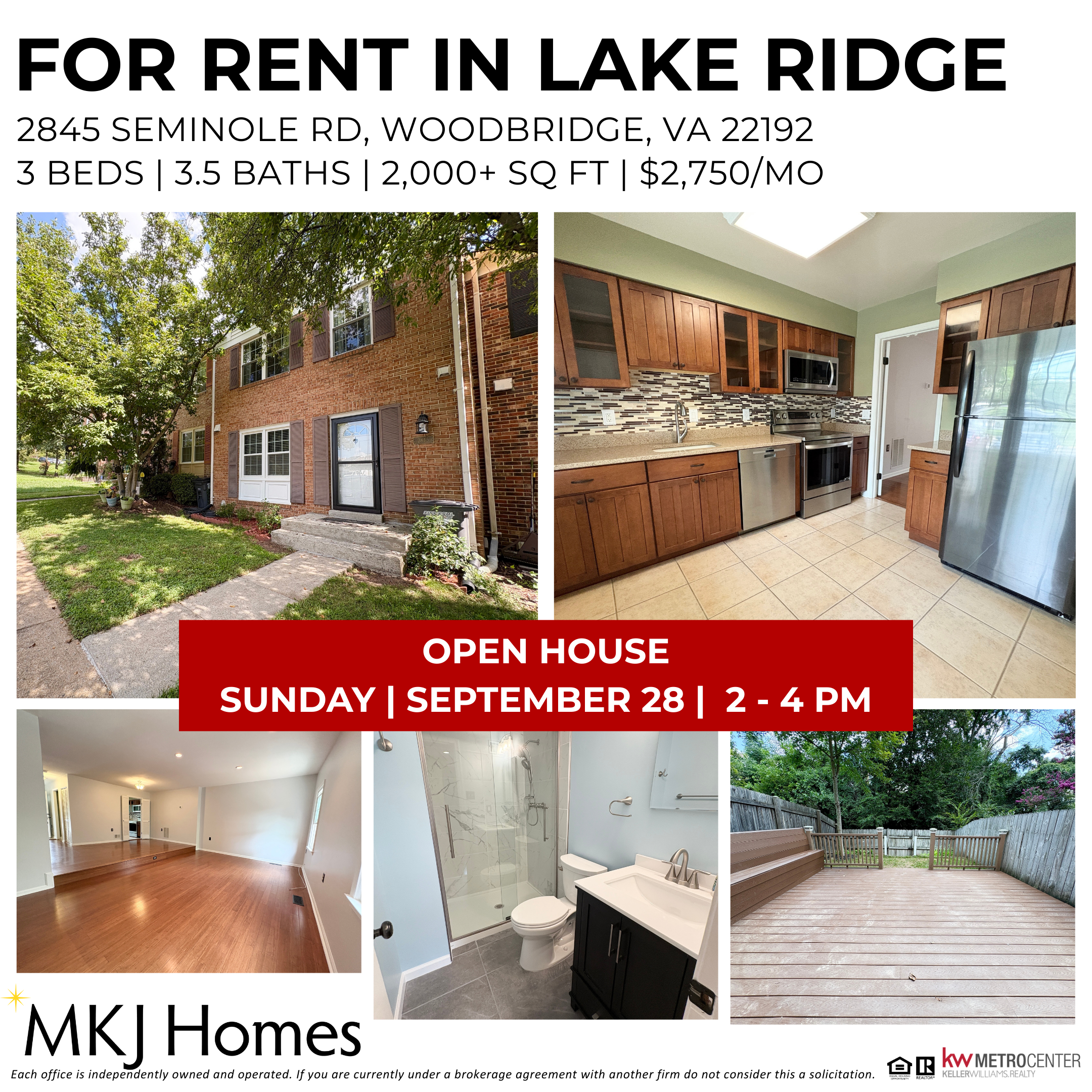 Open House Sunday: Lake Ridge Townhome for Rent – Price Reduced!