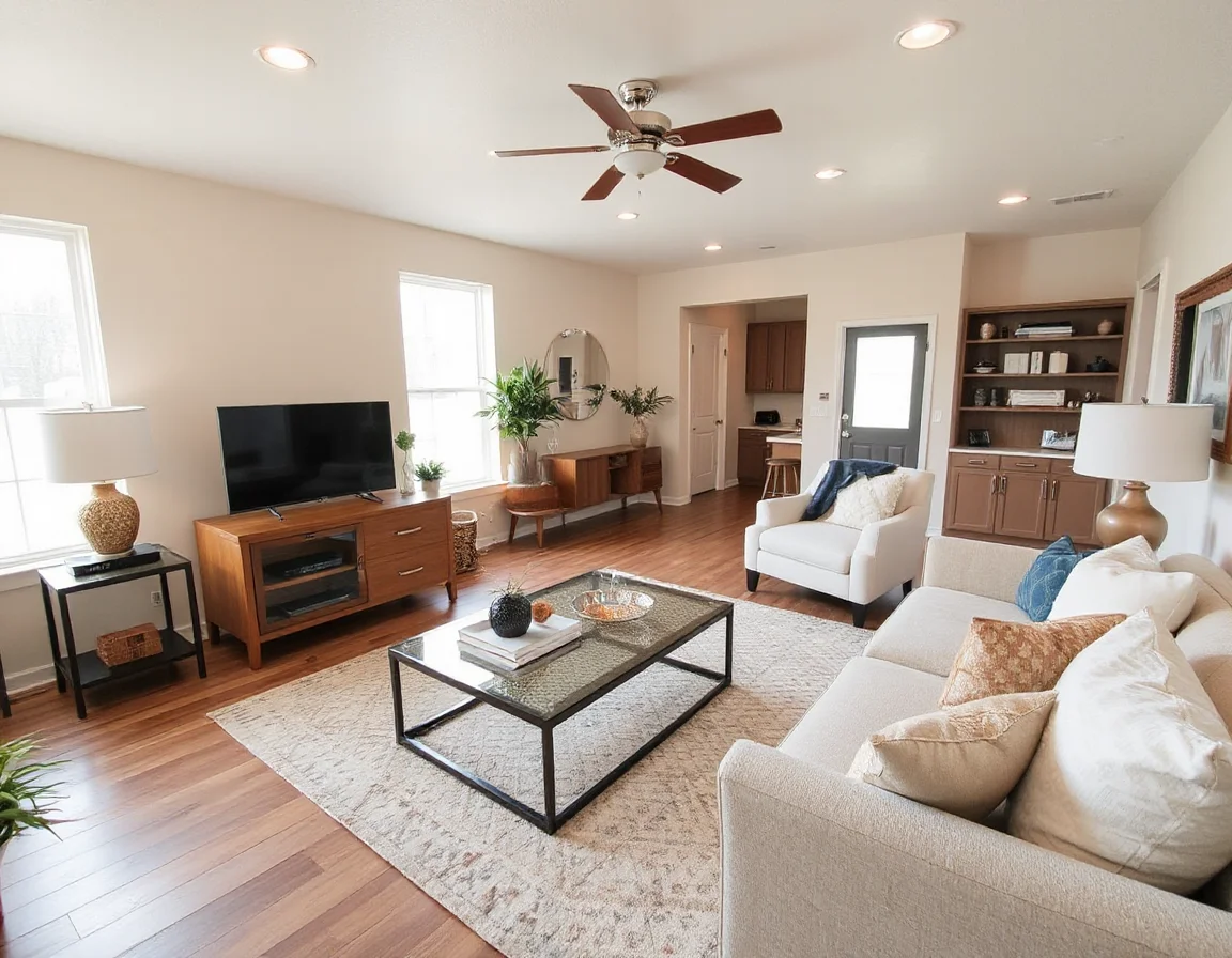 Bright staged living room in a Pine Bluff home