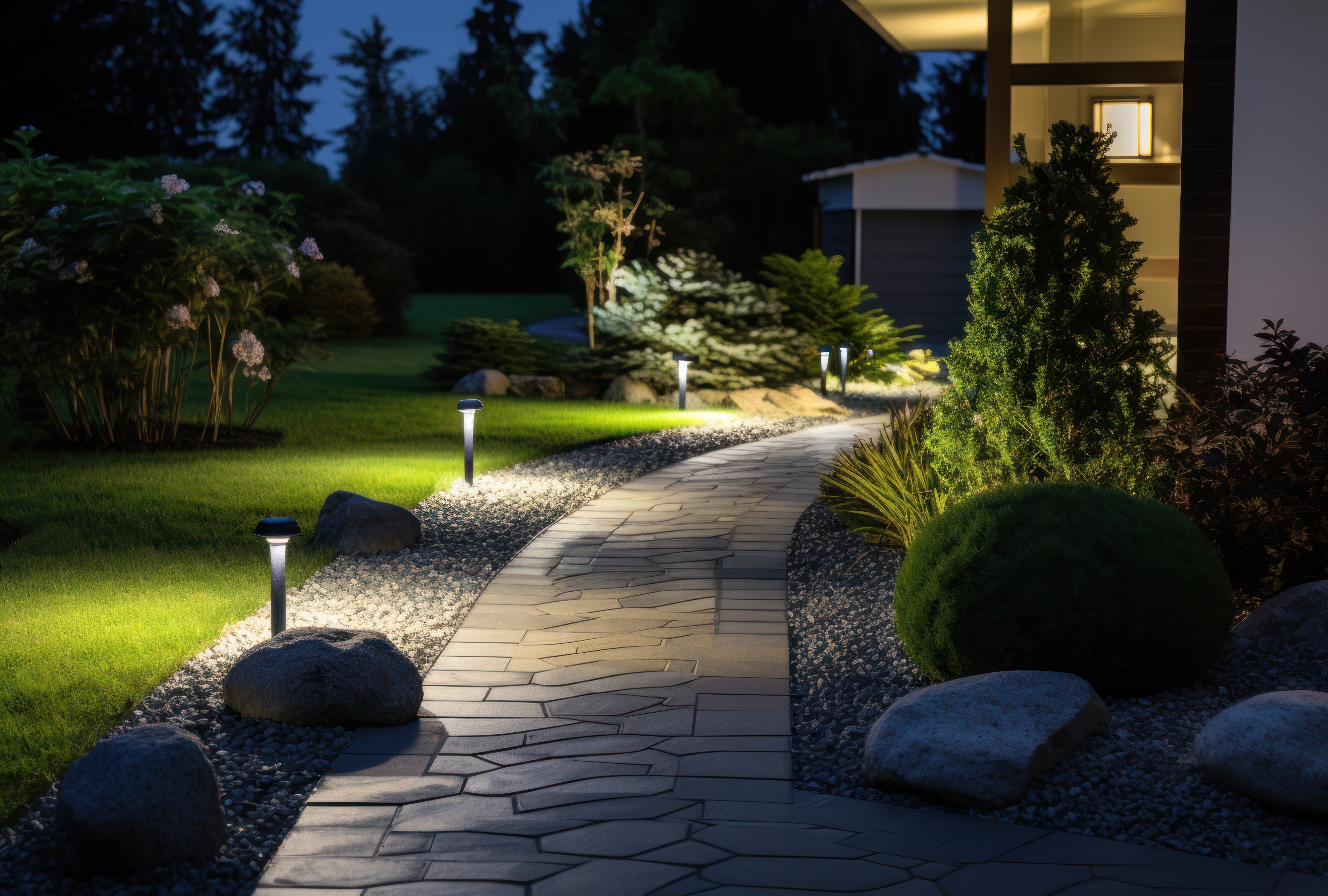 A well-lit pathway with rocks leading to a charming house.