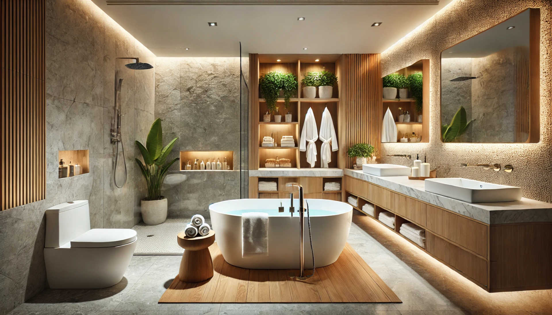  Image of a contemporary bathroom featuring a big tub and shower.