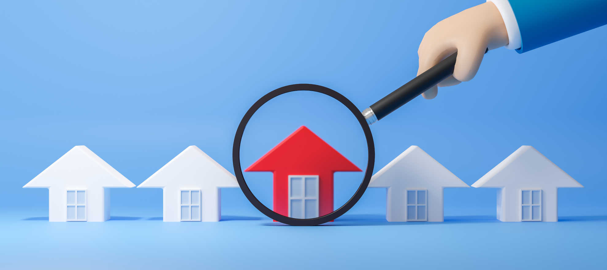 A hand holds a magnifying glass over houses, with a red arrow highlighting the top of one house in a 3D illustration.