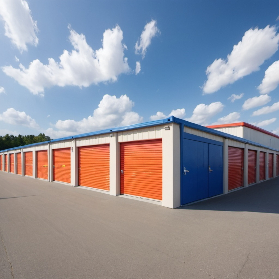 A row of clean, organized storage units at a self-storage facility, ready for use by customers needing extra space.