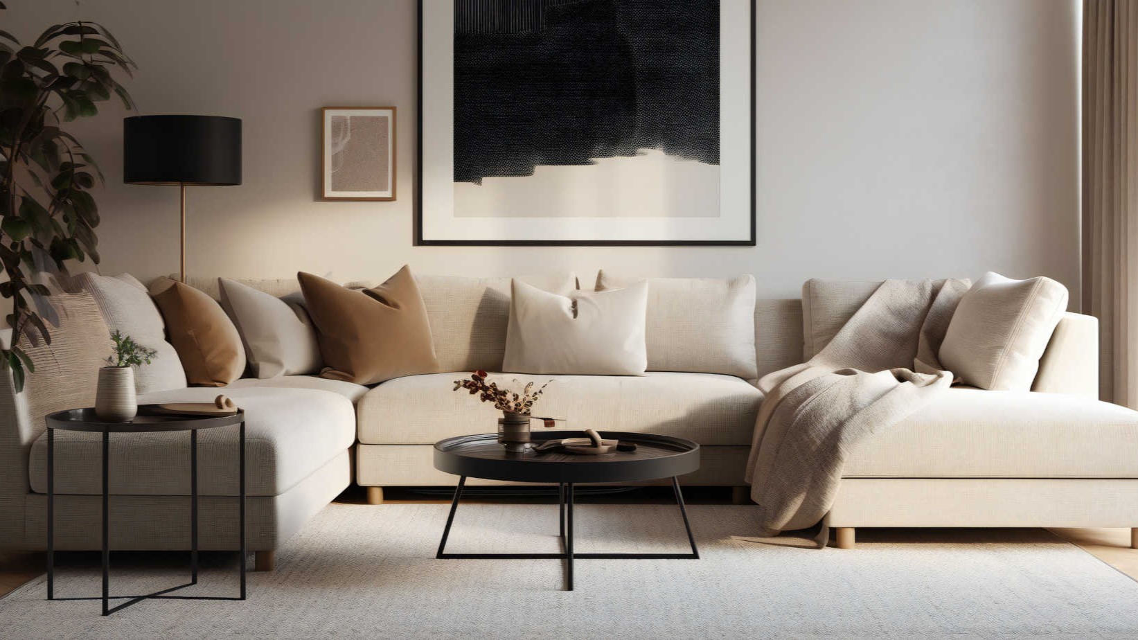 A contemporary living room featuring a spacious white couch, complemented by stylish decor and ample natural light.