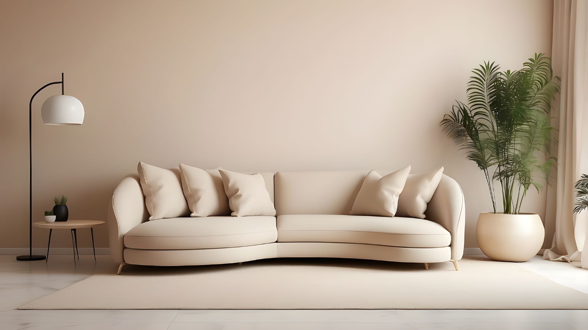 A contemporary living room featuring a white couch and a vibrant green plant, creating a fresh and inviting atmosphere.