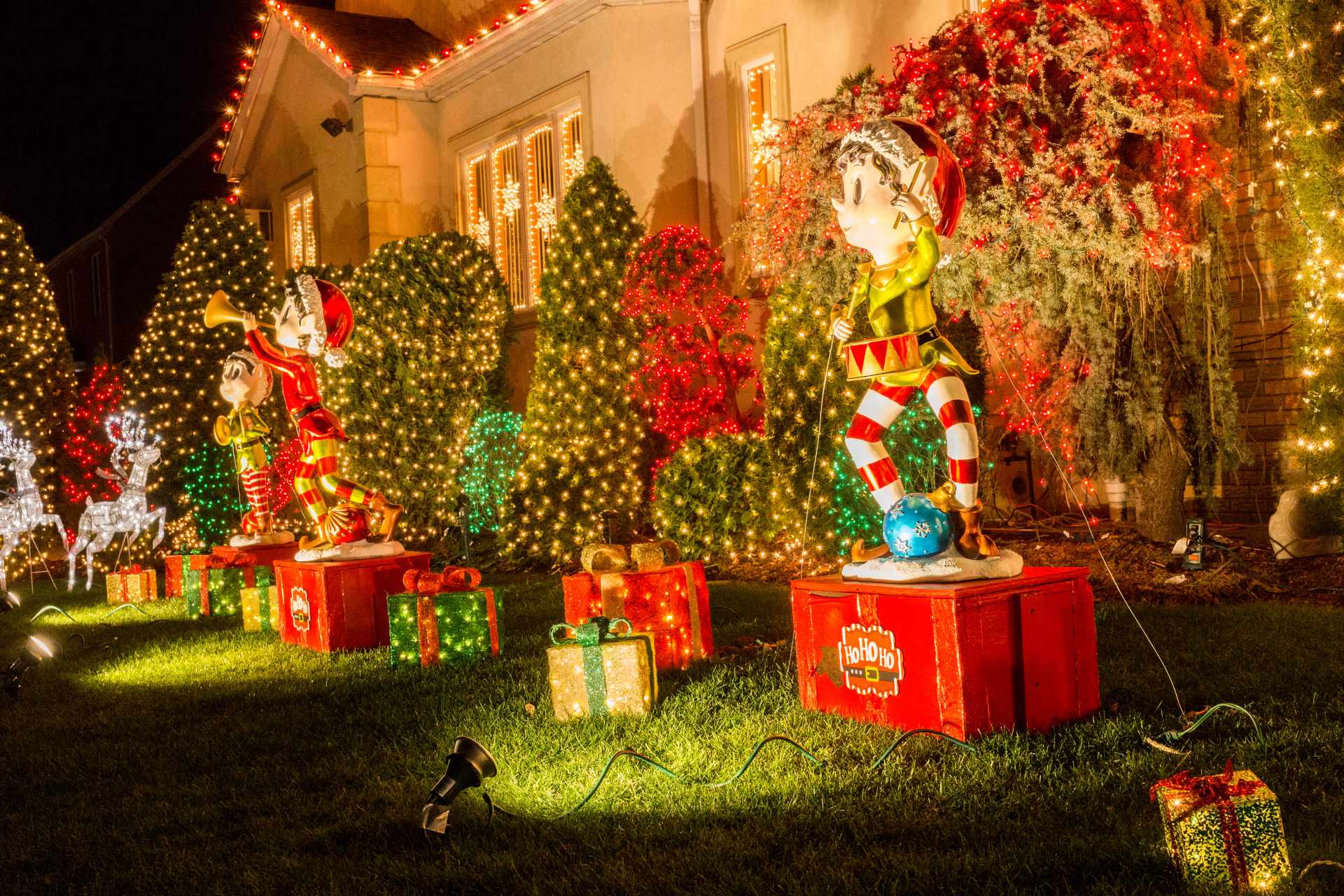A festive yard adorned with colorful Christmas lights and cheerful decorations, creating a warm holiday atmosphere.