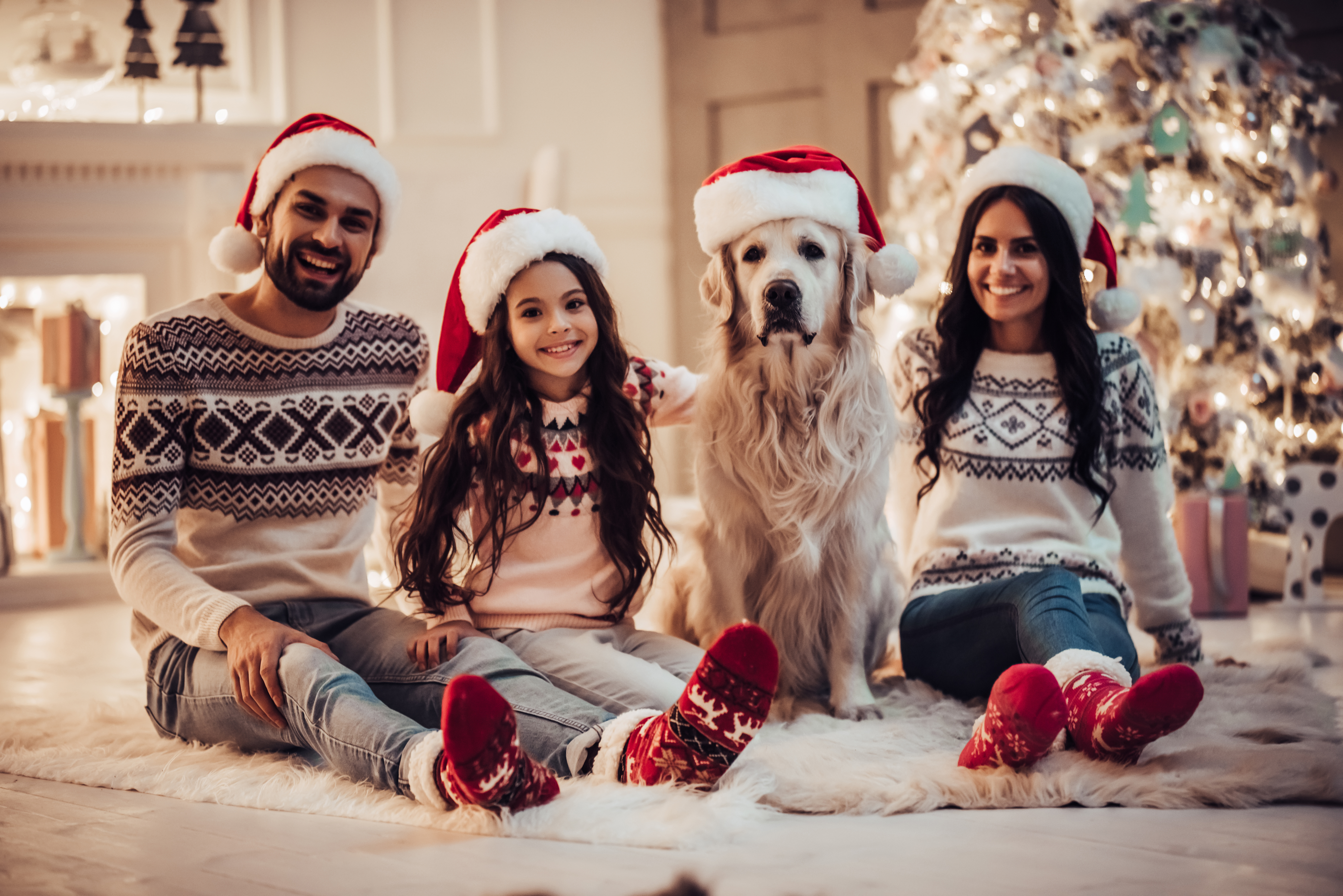 A family gathered on the floor with a dog, joyfully celebrating in front of a beautifully decorated Christmas tree.