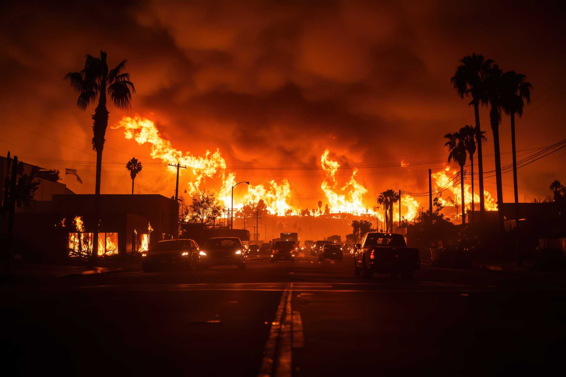 A fire blazes in the background while cars pass by on a busy street.