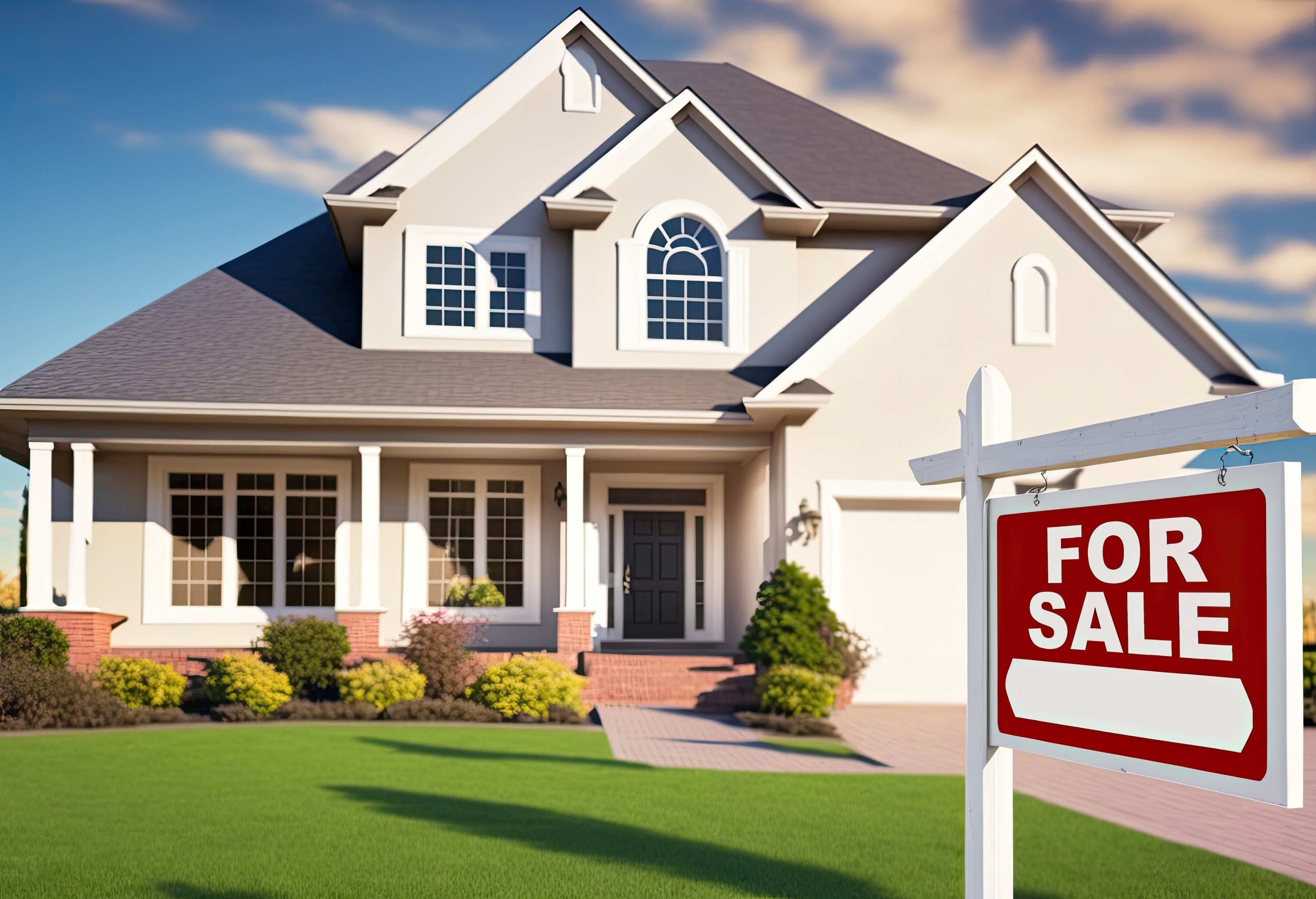 A house is displayed with a for sale sign in the foreground, signaling its availability on the market.