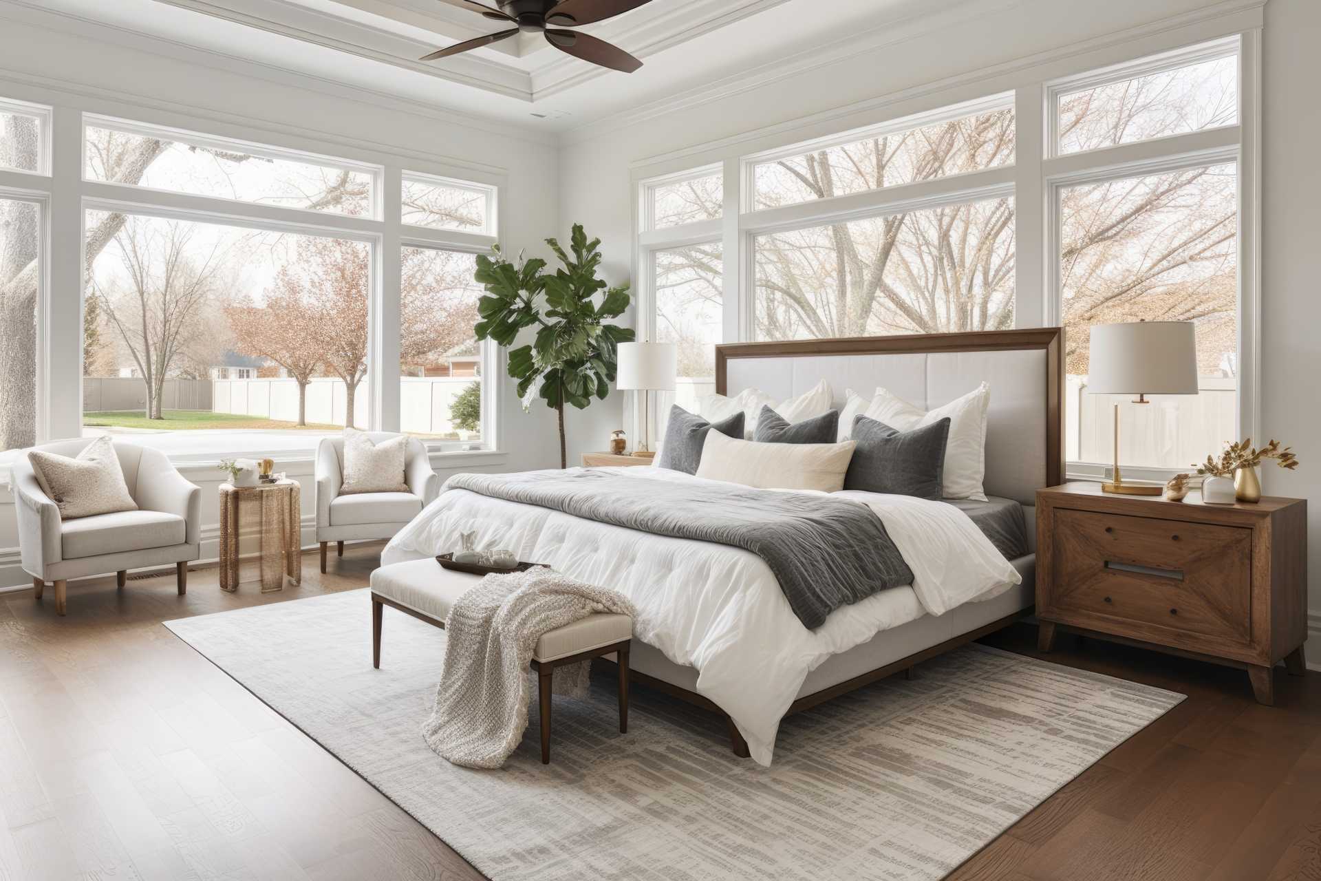 A tidy bedroom with a spacious bed and a ceiling fan, designed for relaxation and comfort.