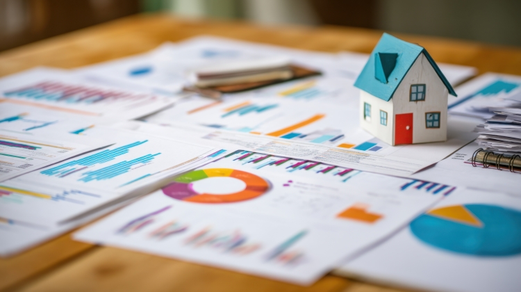 Dallas Texas Real Estate Market Update 2026 featuring housing market charts, pricing graphs, and financial reports with a small model home representing residential property trends and home values in Dallas, Texas.