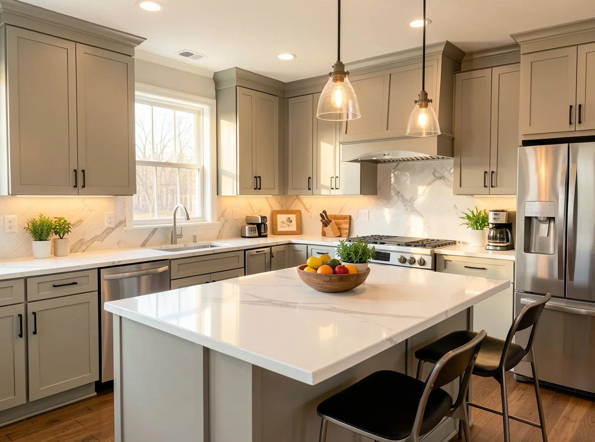 Updated kitchen with refreshed cabinets and modern lighting