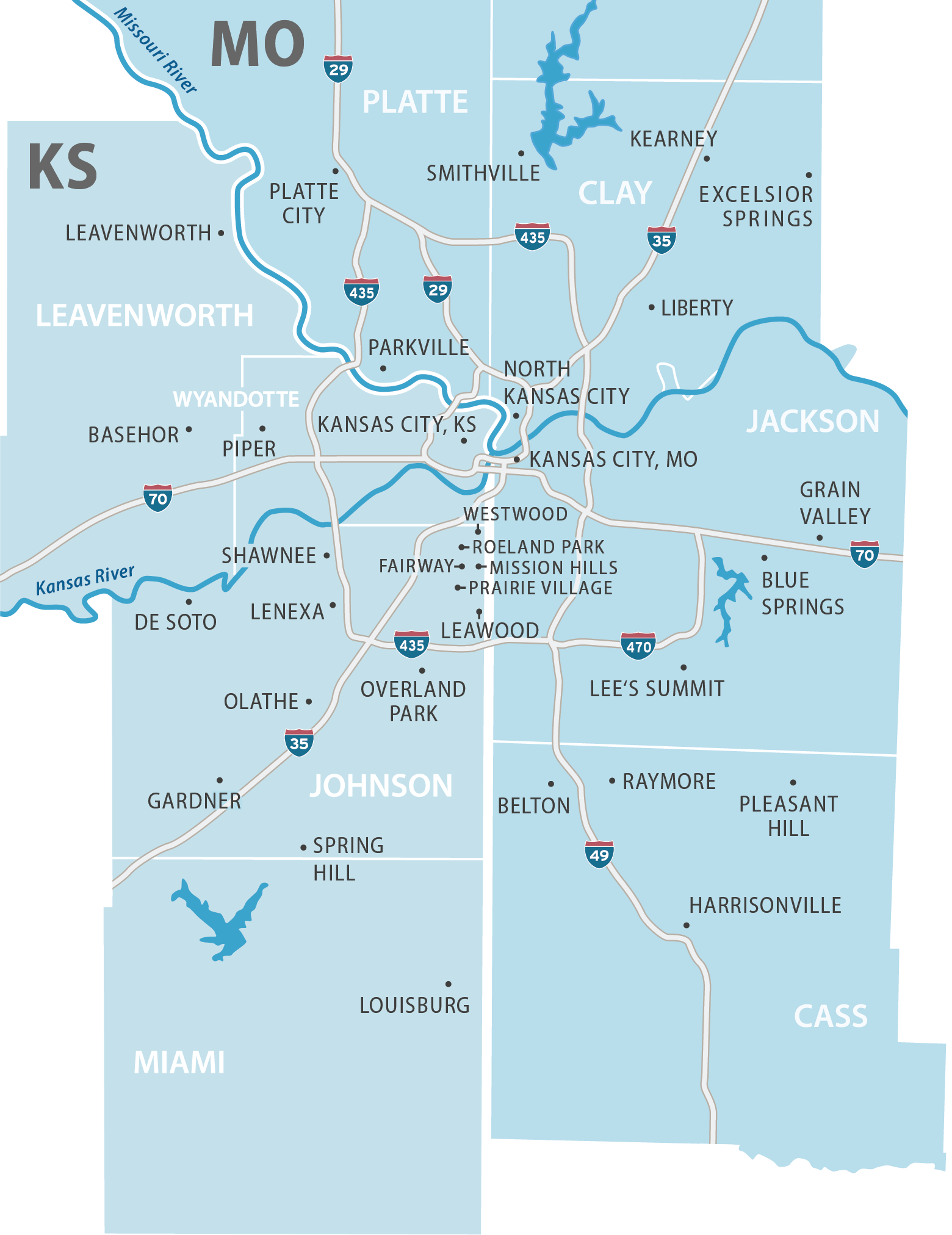 Map of Kansas City Area counties and cities