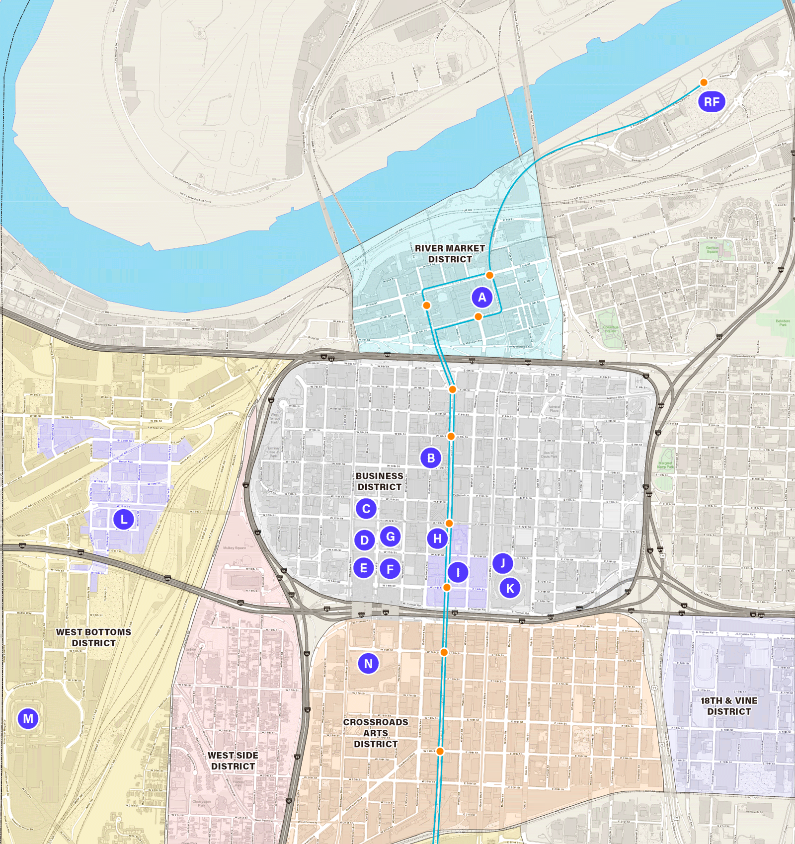 A map of northern points of interest near the KC Streetcar - Riverfront to 21st St