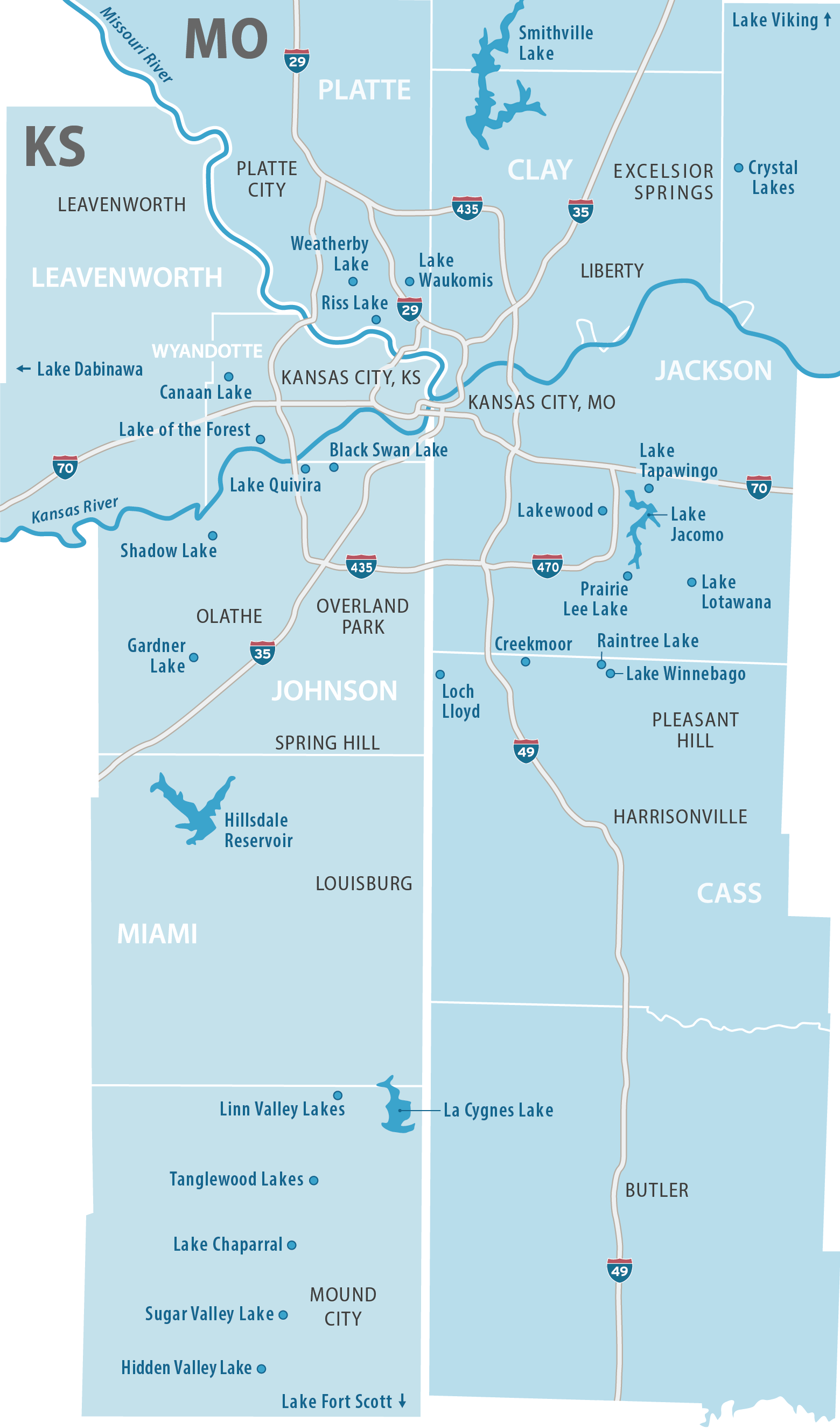 A map of Kansas City Area lakes where you can purchase a home