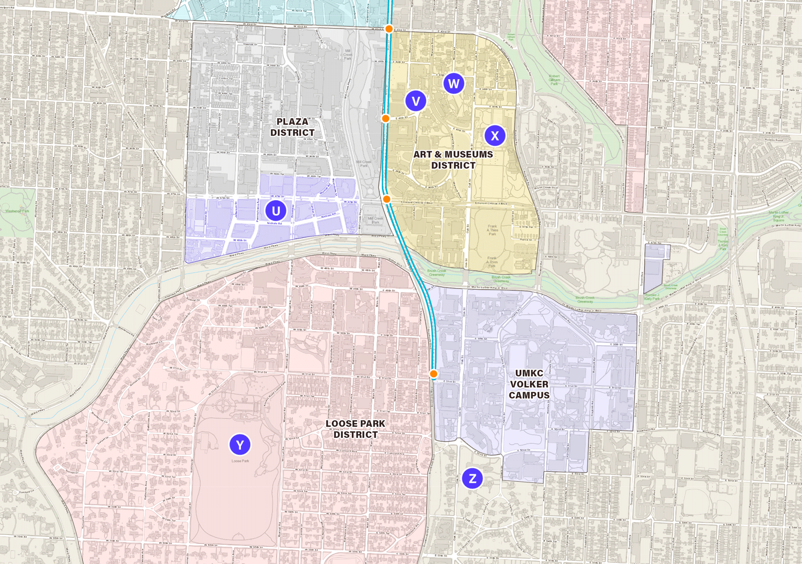 A map of southern points of interest near the KC Streetcar - 43rd St to 55th St