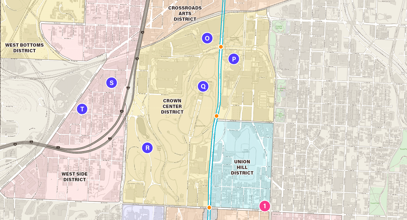 A map of northern points of interest near the KC Streetcar - 21st St to 31st St