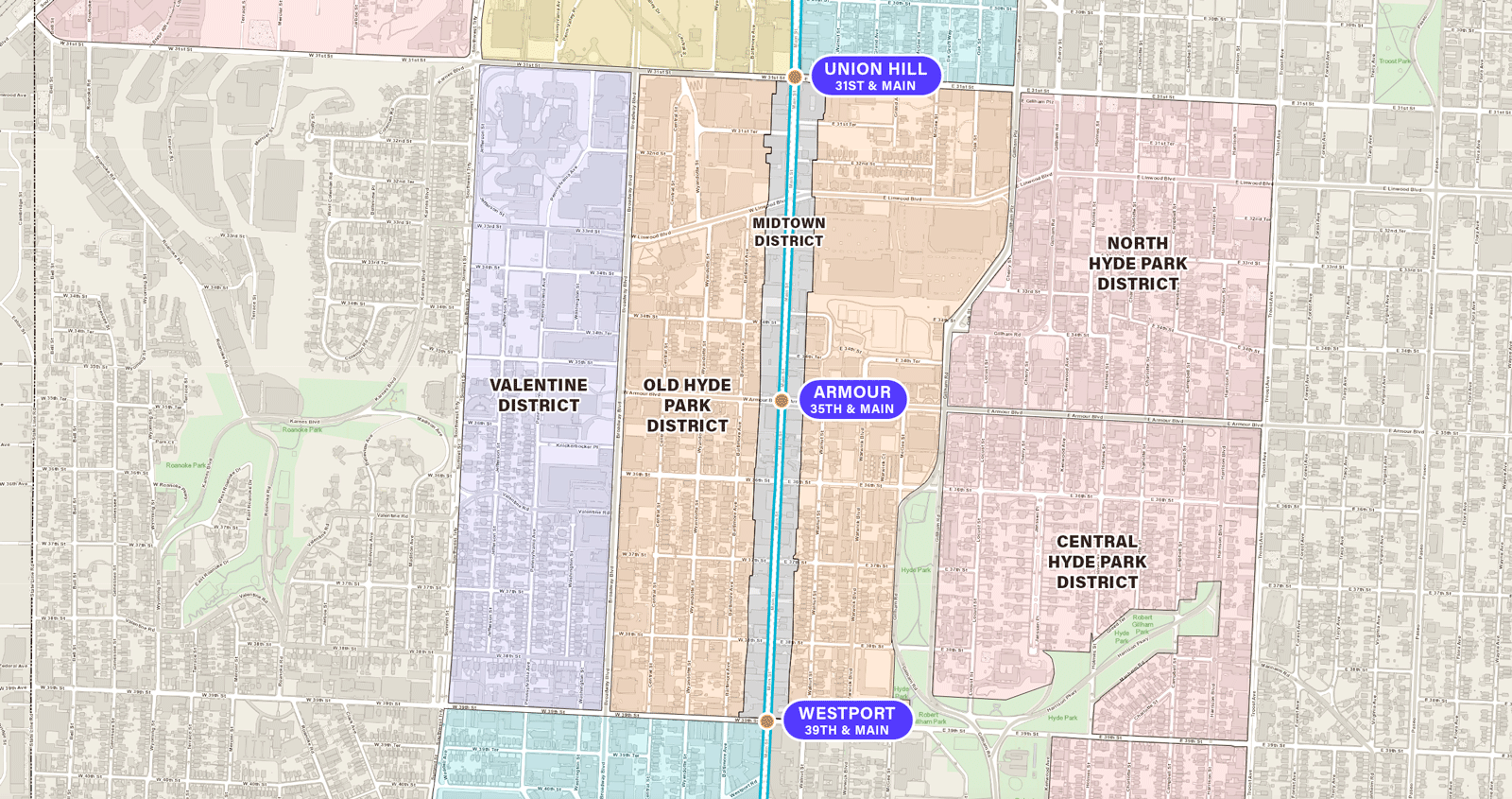 A map of the Old Hyde Park District and surrounding communities in KC