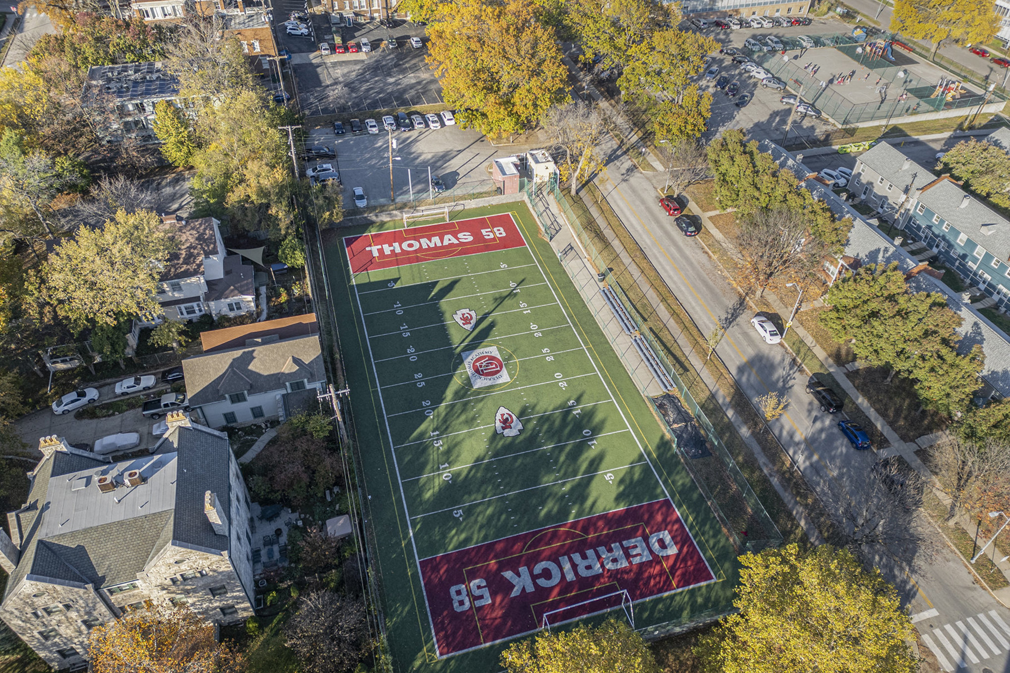 An excellent place to practice, with Chiefs flair! Serving as a gathering space for sports and activities, the Derrick Thomas Memorial Field helps to build and strengthen the community.