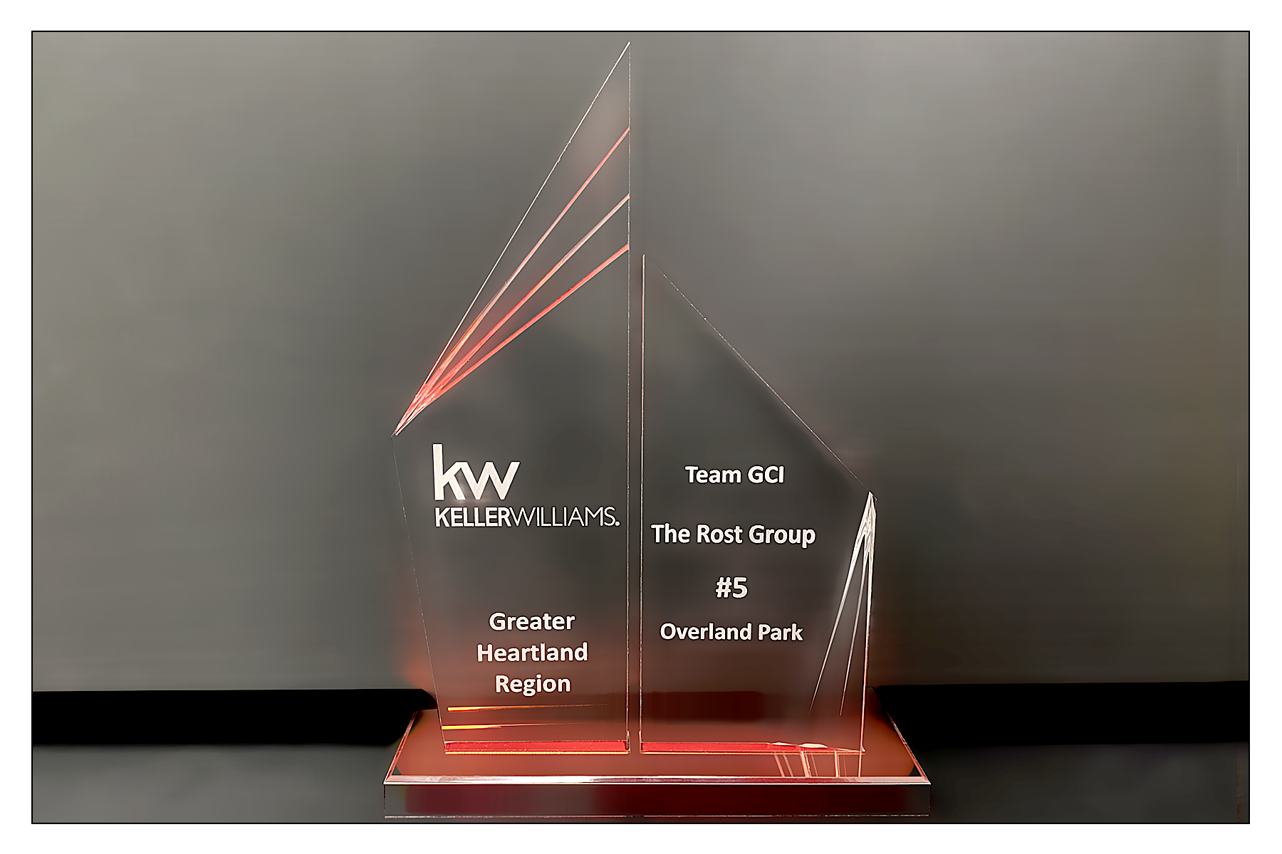 Keller Williams Heartland Region award presented to The Rost Group for top production.