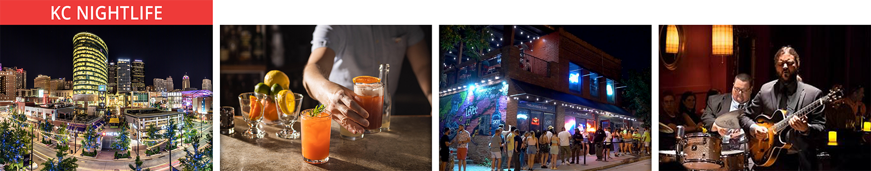 Kansas City has raised the bar on its nightlife scene. Discover the best area attractions that come alive at night! Live music venues, noteworthy drinkeries, the best dive bars, live comedy clubs, and casinos are just a few ways to have fun. It's time to explore KC! Top areas for nightlife include The Plaza, the Power & Light District, Westport, The Crossroads Arts District, Martini Corner, and The Jazz District.