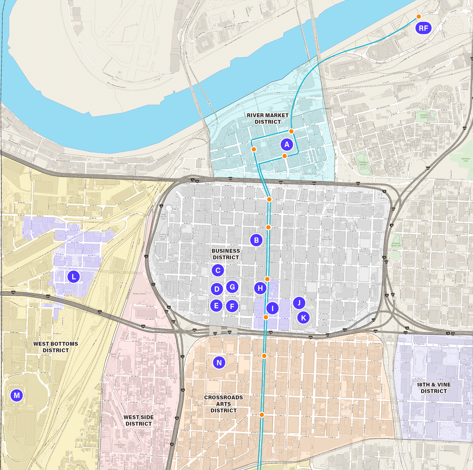 A map of northern points of interest near the KC Streetcar - Riverfront to 21st St