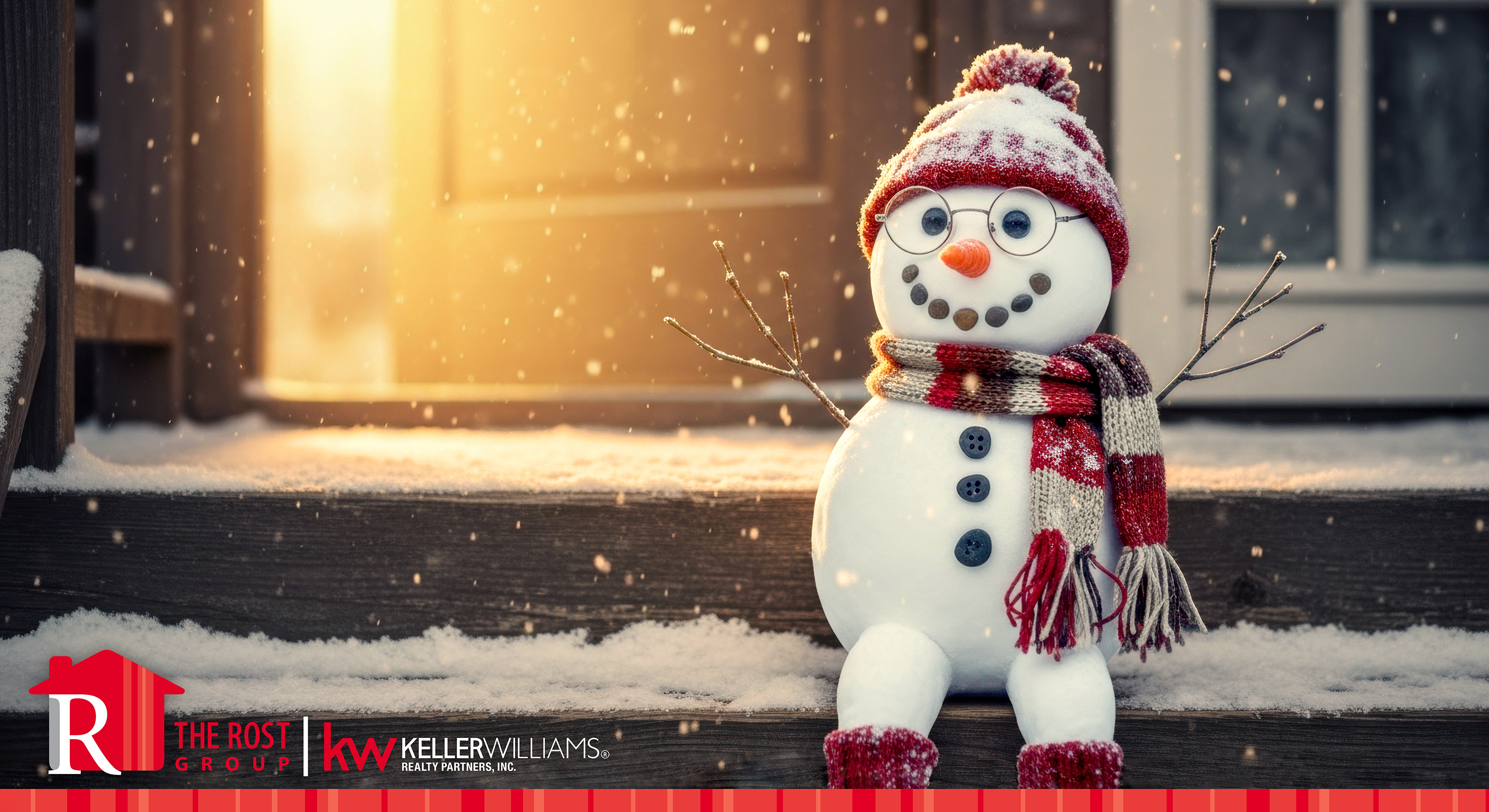 Snowman on a front porch beside an open door with warm light inside, symbolizing winter reflection and planning a future home move in Kansas City