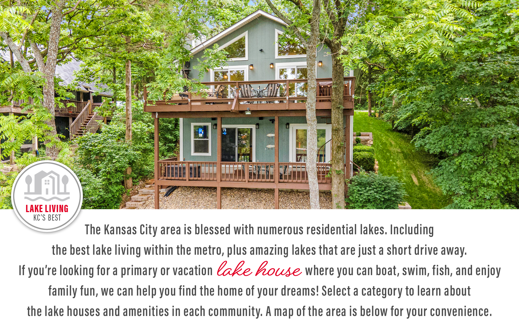 A waterfront lake homes in the Sugar Valley Lake community near Kansas City, included in metro-area and nearby residential lakes