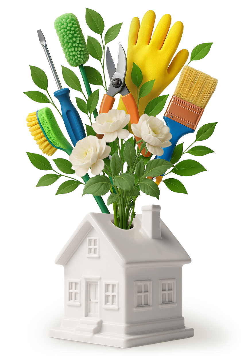 Decorative spring home maintenance concept with flowers and household tools representing seasonal home preparation