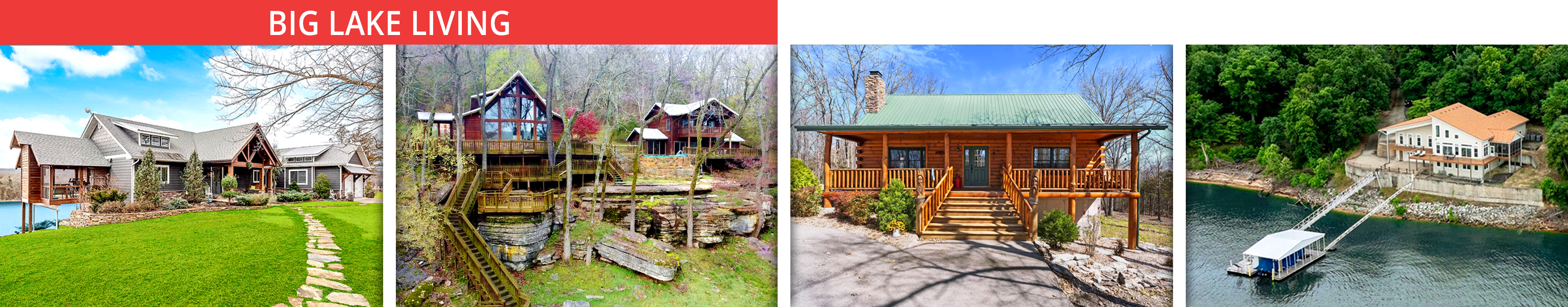 A collage of destination lake homes with big lake living located near the Kansas City metro area