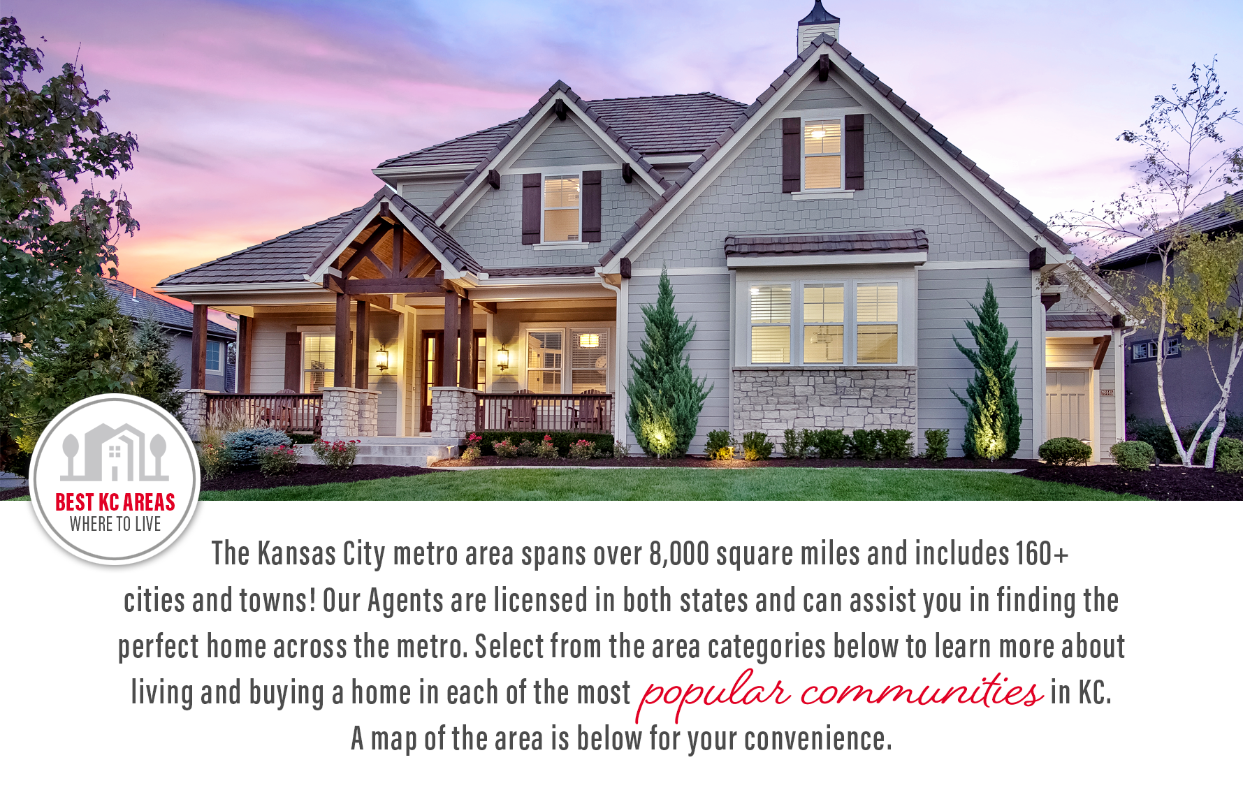 Home at dusk in Overland Park, Kansas representing popular neighborhoods in the Kansas City metro