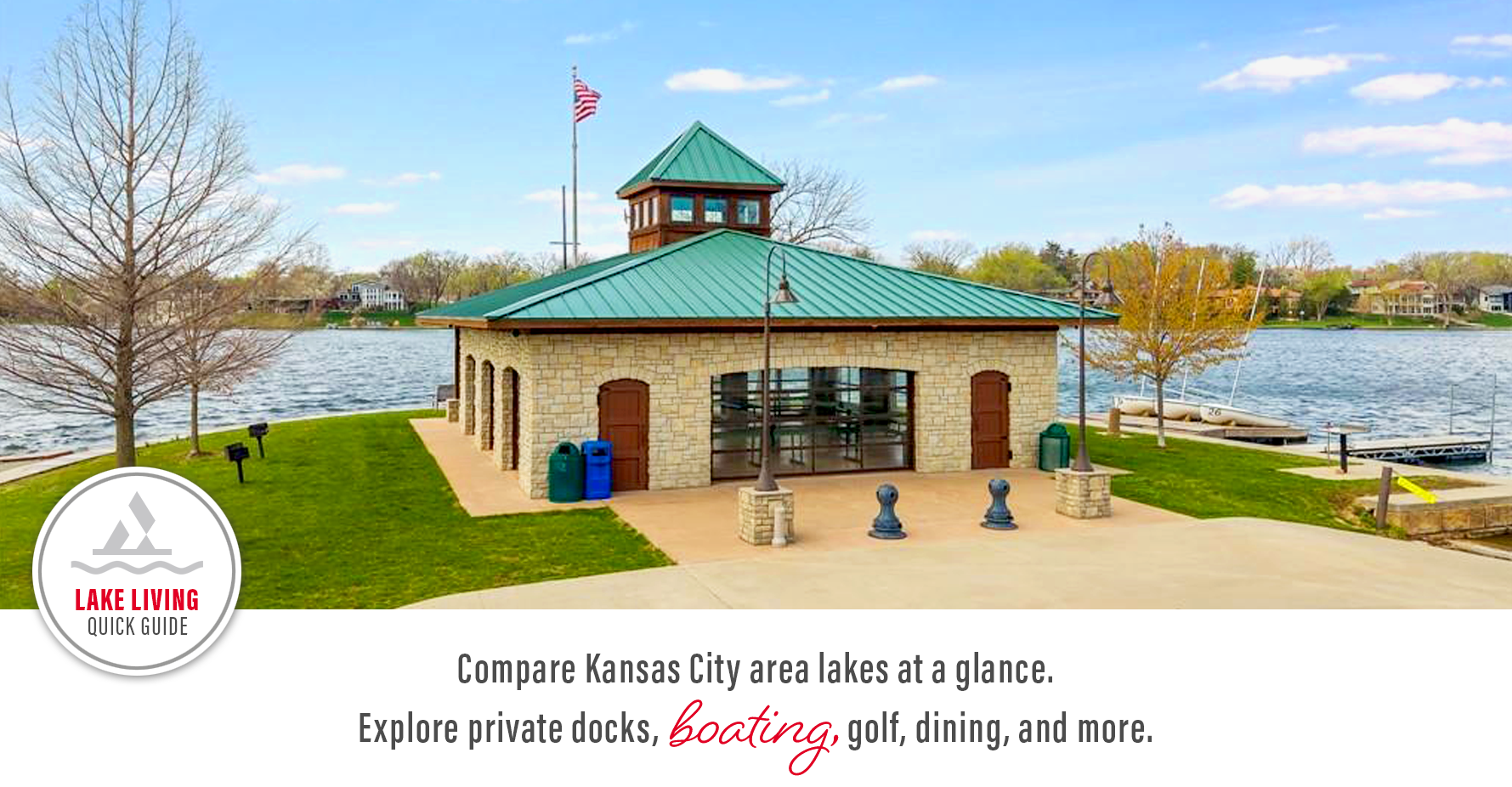 Waterfront clubhouse and boats at Weatherby Lake in Missouri representing Kansas City area lake living