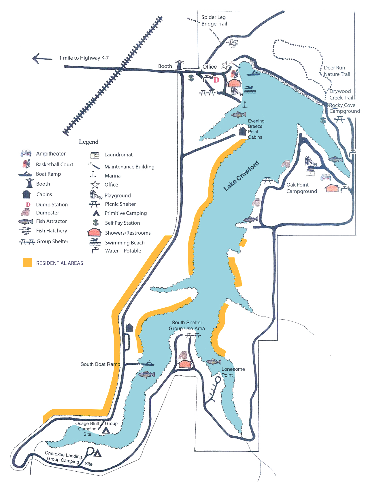 A map of Lake Crawford in Crawford County, KS, showing state park amenities and residential areas