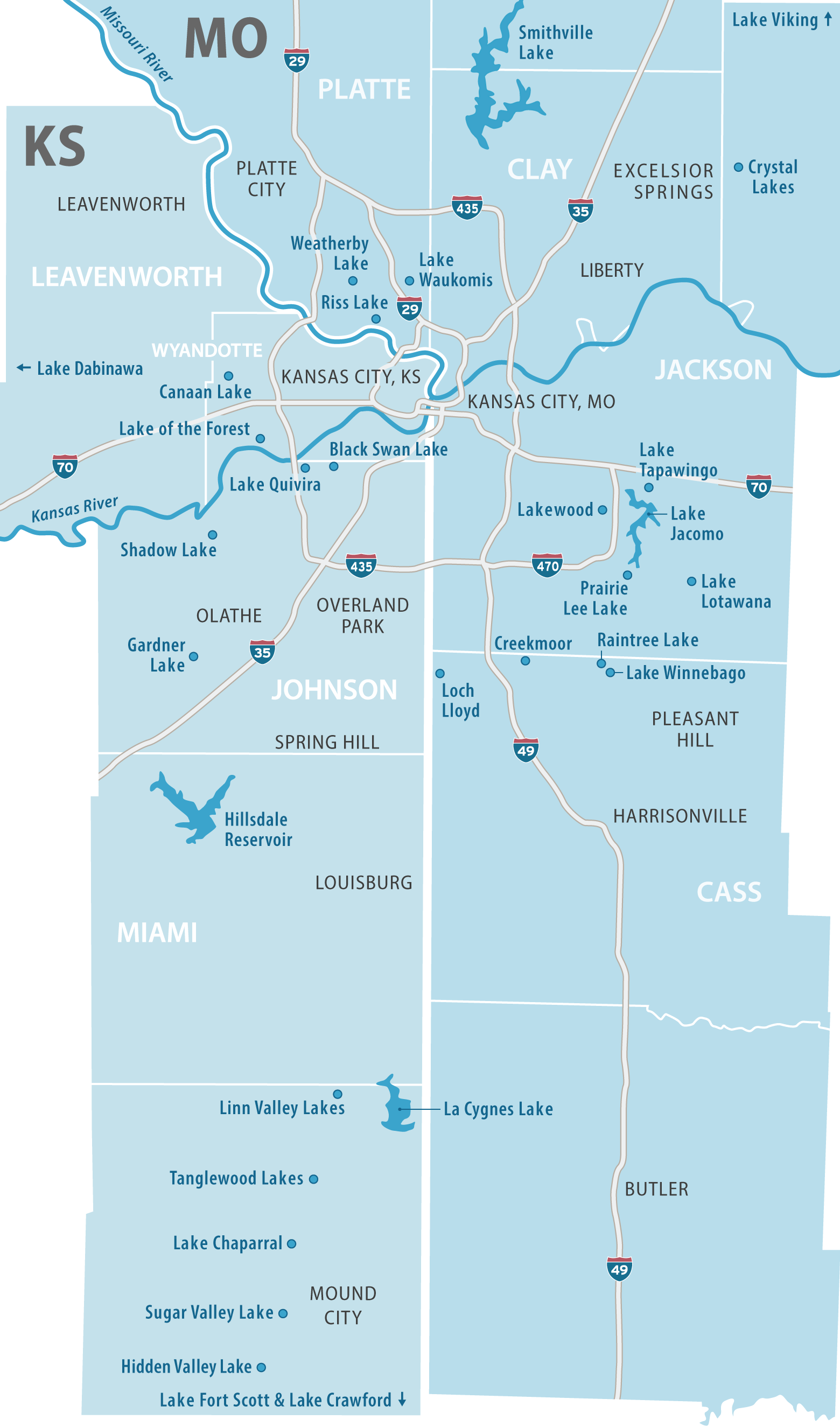 Map of residential lake communities around the Kansas City metro area including Lake Quivira, Lake Winnebago, Raintree Lake, Lakewood, Weatherby Lake, and Sugar Valley Lake