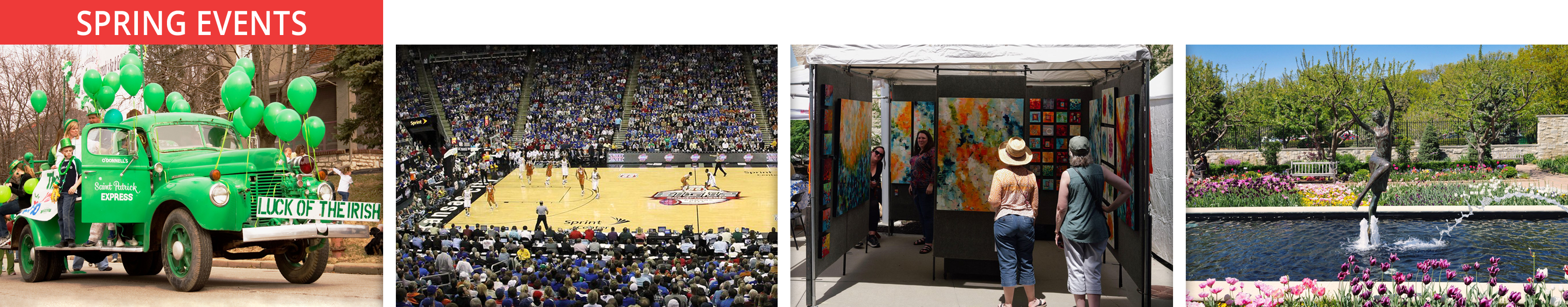 Four-image collage of Kansas City spring events showing the KC St. Patrick’s Day Parade, Big 12 College Basketball Tournament, Lenexa Art Fair, and Kauffman Memorial Gardens