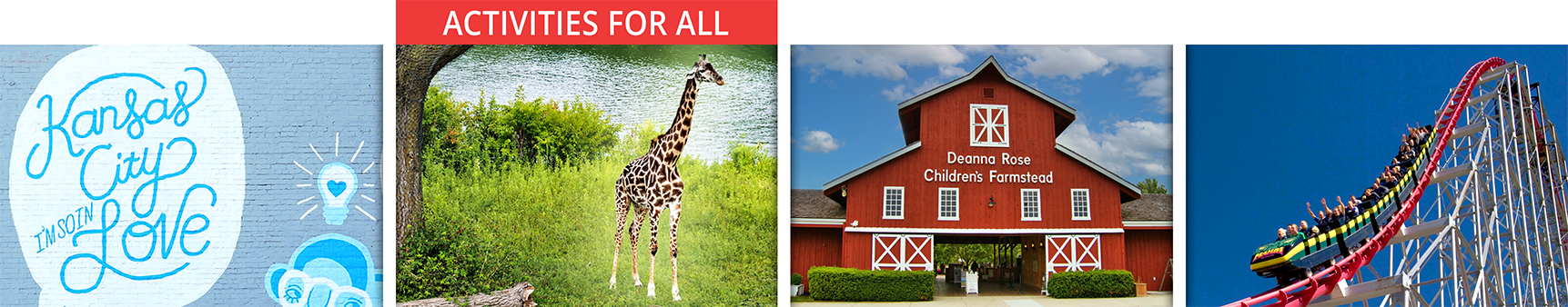 Four-image collage of Kansas City family attractions showing a Kansas City mural, a giraffe at the Kansas City Zoo, the Deanna Rose Children’s Farmstead barn entrance, and the Mamba roller coaster at Worlds of Fun