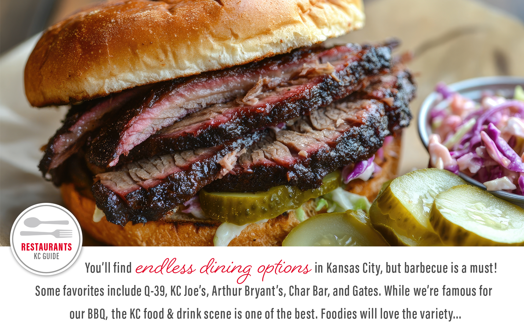 Kansas City style barbecue brisket sandwich with coleslaw representing the Kansas City food scene