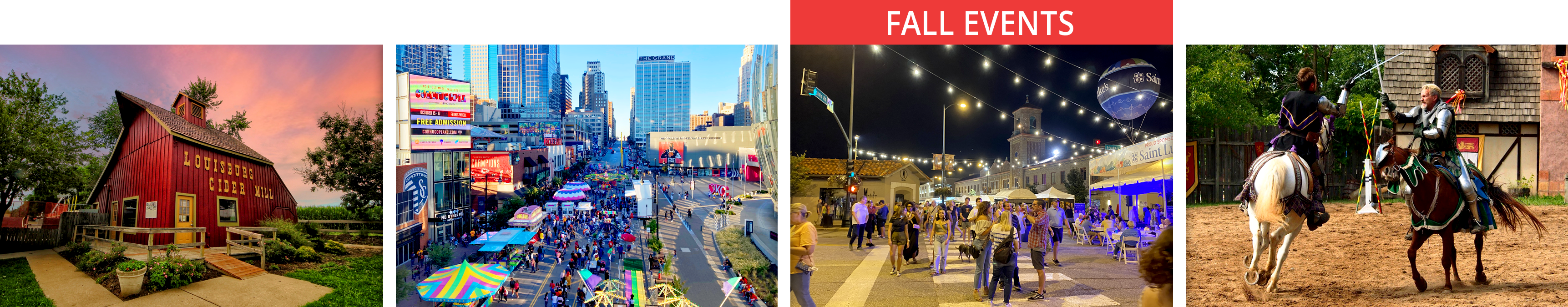 Four-image collage of Kansas City fall events showing Louisburg Cider Mill, Cornucopia festival in the Power & Light District, Plaza Art Fair, and knights on horseback at the Kansas City Renaissance Festival