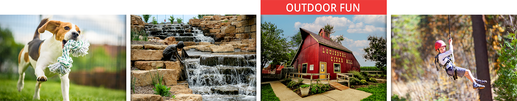 Four-image collage of outdoor recreation near Kansas City showing a dog running at a dog park, the waterfall at the Overland Park Arboretum, Louisburg Cider Mill, and a child zip-lining through the trees