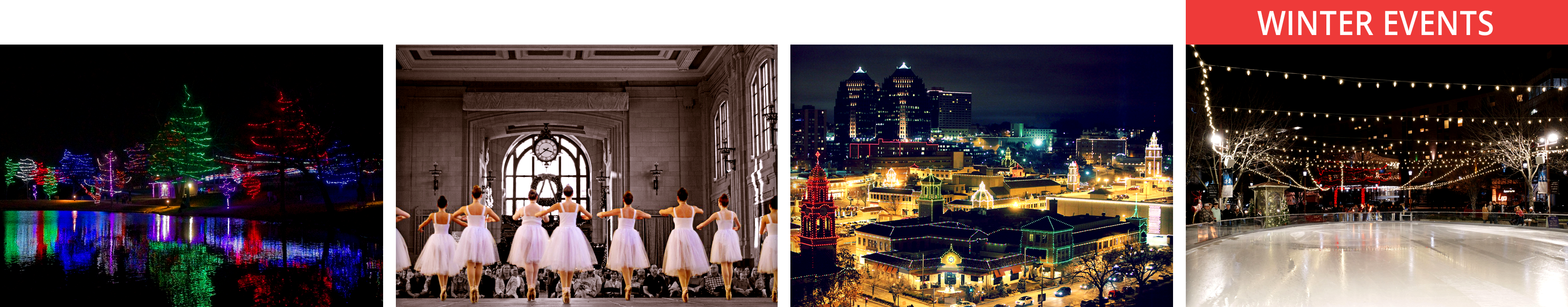 Four-image collage of Kansas City winter events showing Sar-Ko Aglow holiday lights, ballerinas performing at Union Station, Plaza Lights at Christmas, and outdoor ice skating at Park Place in Leawood
