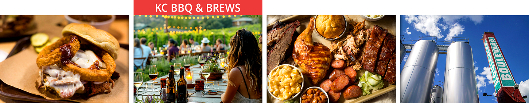 Four-image collage of Kansas City food and drink attractions showing the Z-Man sandwich from Joe’s Kansas City Bar-B-Que, a winery gathering, a Kansas City barbecue platter, and Boulevard Brewing Company