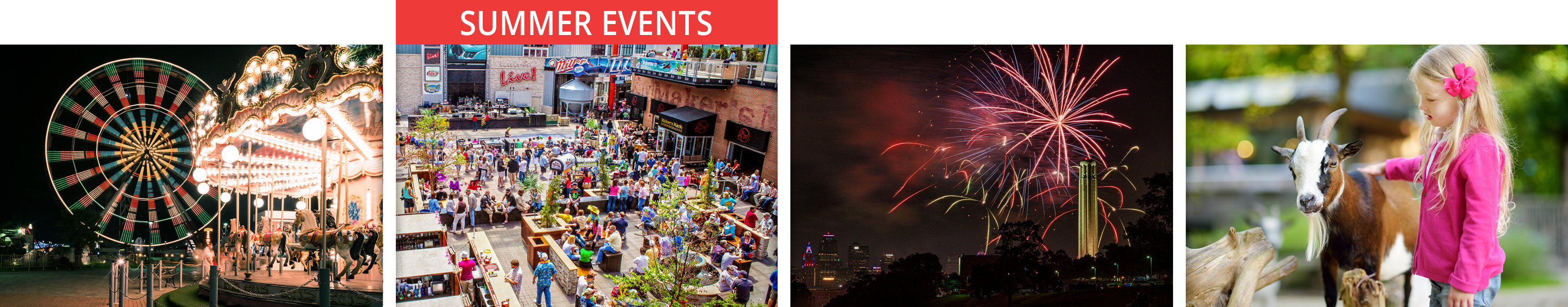 Four-image collage of Kansas City summer events showing carnival rides at night, KC Live in the Power & Light District, Fourth of July fireworks above Liberty Memorial, and a girl with a goat at a petting zoo