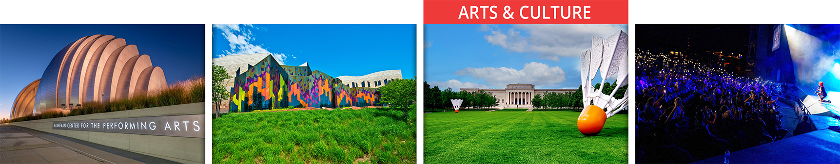 Collage of Kansas City cultural attractions including the Kauffman Center for the Performing Arts at night, the Museum at Prairiefire in Overland Park, the Nelson-Atkins Museum of Art, and a live performance at Starlight Theatre in Kansas City