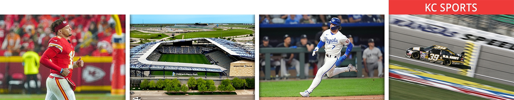 Four-image collage of Kansas City sports featuring Patrick Mahomes, Children’s Mercy Park stadium, Royals player Bobby Witt Jr., and a NASCAR race car at Kansas Speedway