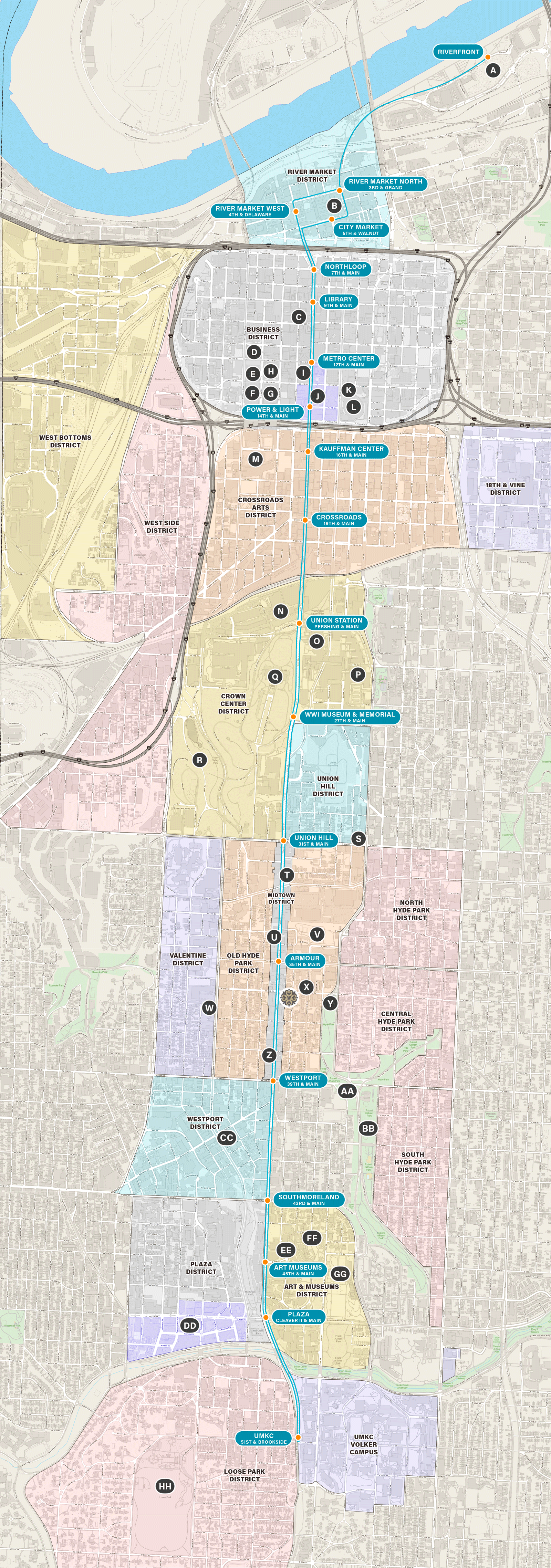 Map of KC Streetcar route showing stops and attractions near Westminster Reserve in Midtown Kansas City 