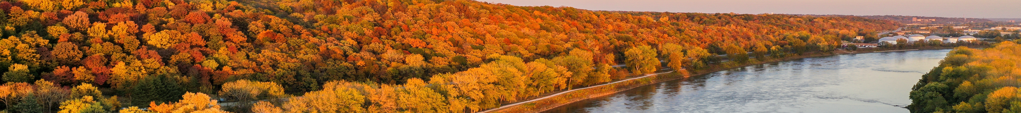 A fall view of the Missouri River leading to Parkville, MO in the distance.