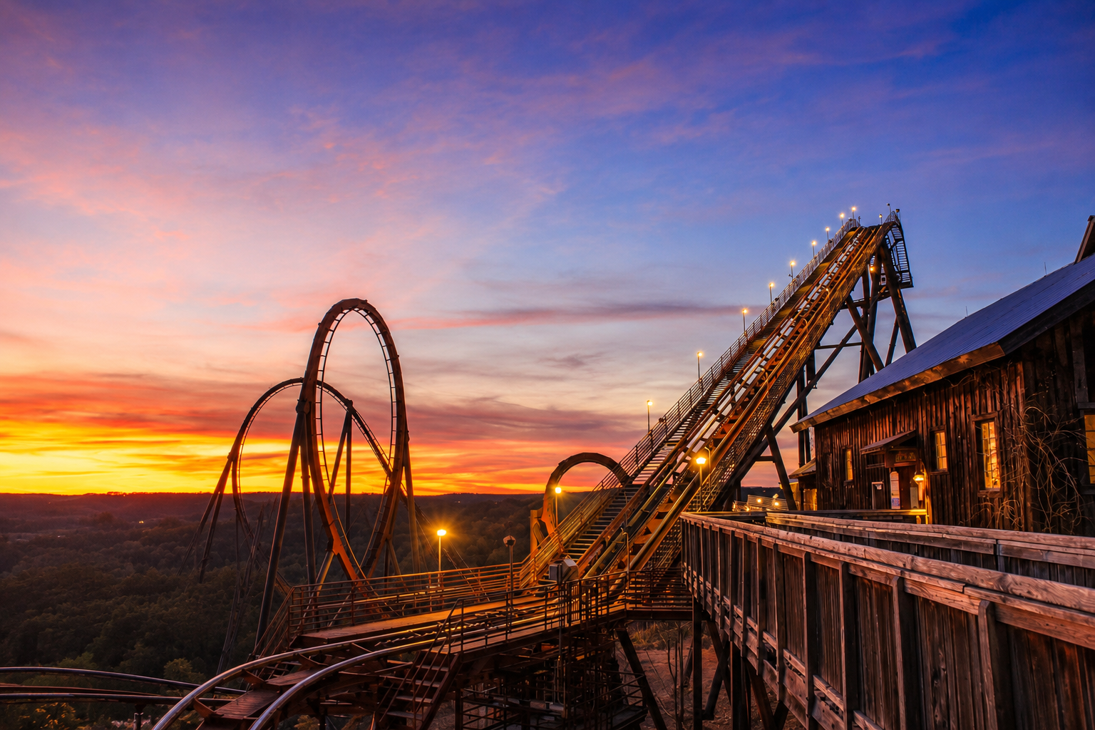 A roller coaster at Branson's Silver Dollar City at sunset