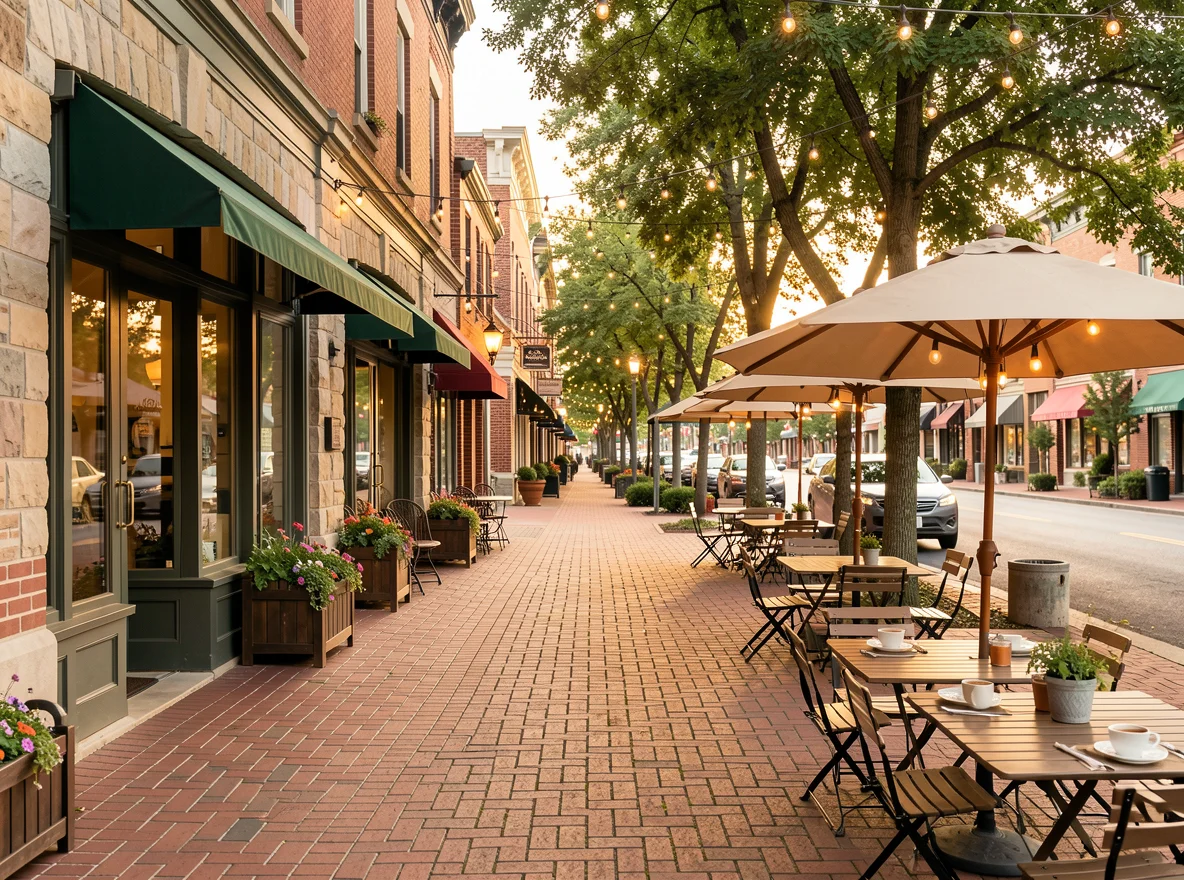 Downtown Kennesaw streetscape with brick storefronts, sidewalks, and small-town character